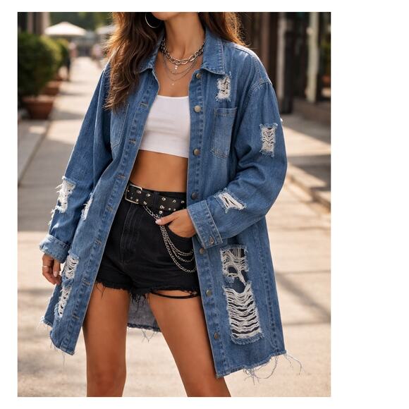 None and/or Unknown Jackets & Blazers - Oversized Distressed Denim Jacket Grunge Y2K Festival Longline Shacket XL